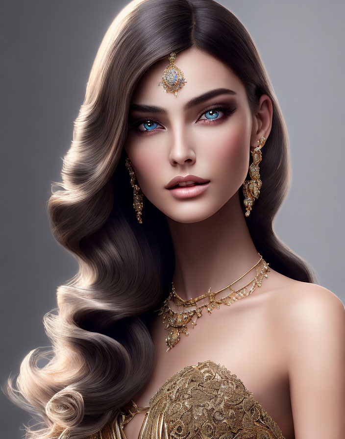 Luxurious wavy hair and gold jewelry on a woman with blue eyes