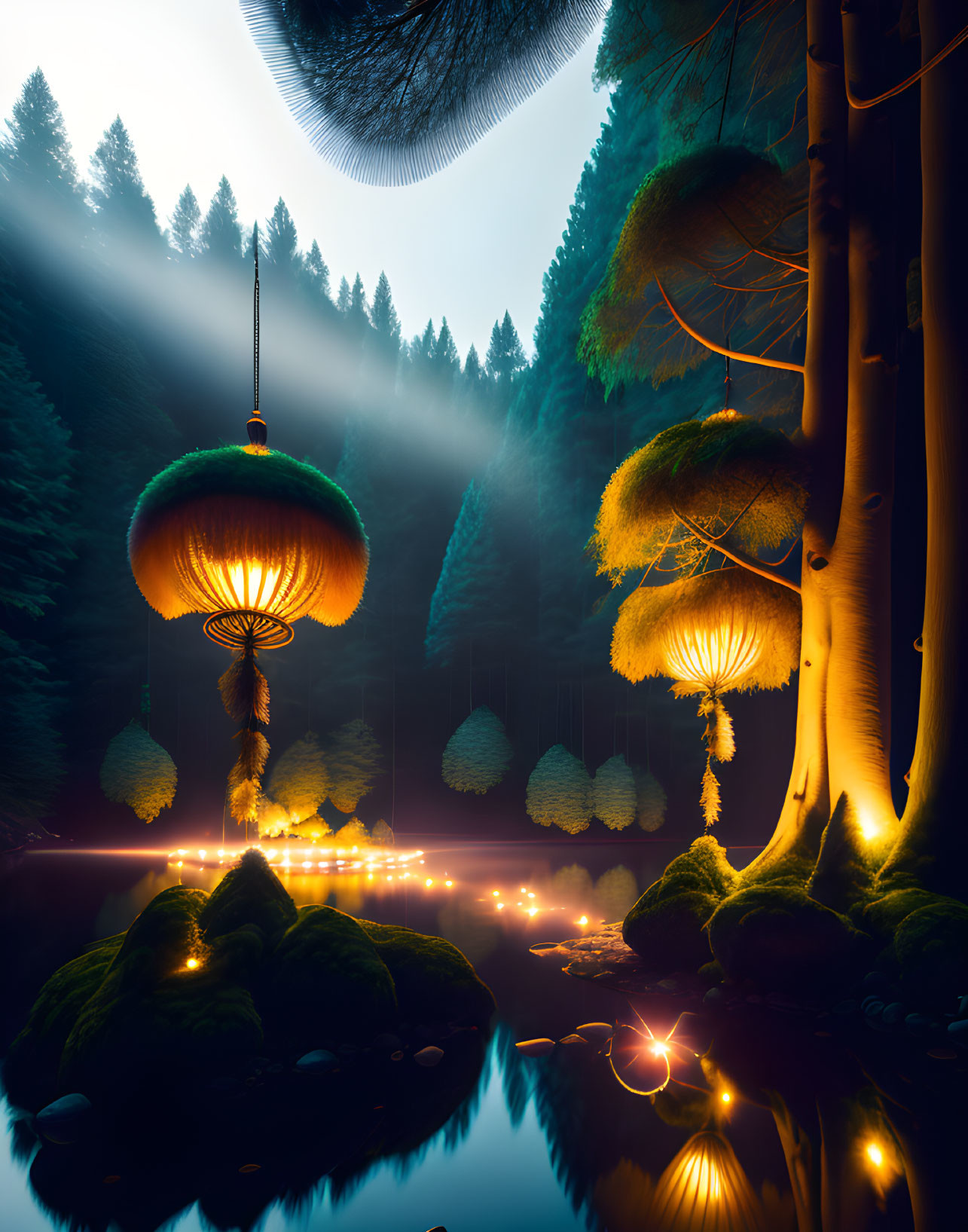 Enchanting night forest with glowing lanterns and serene pond