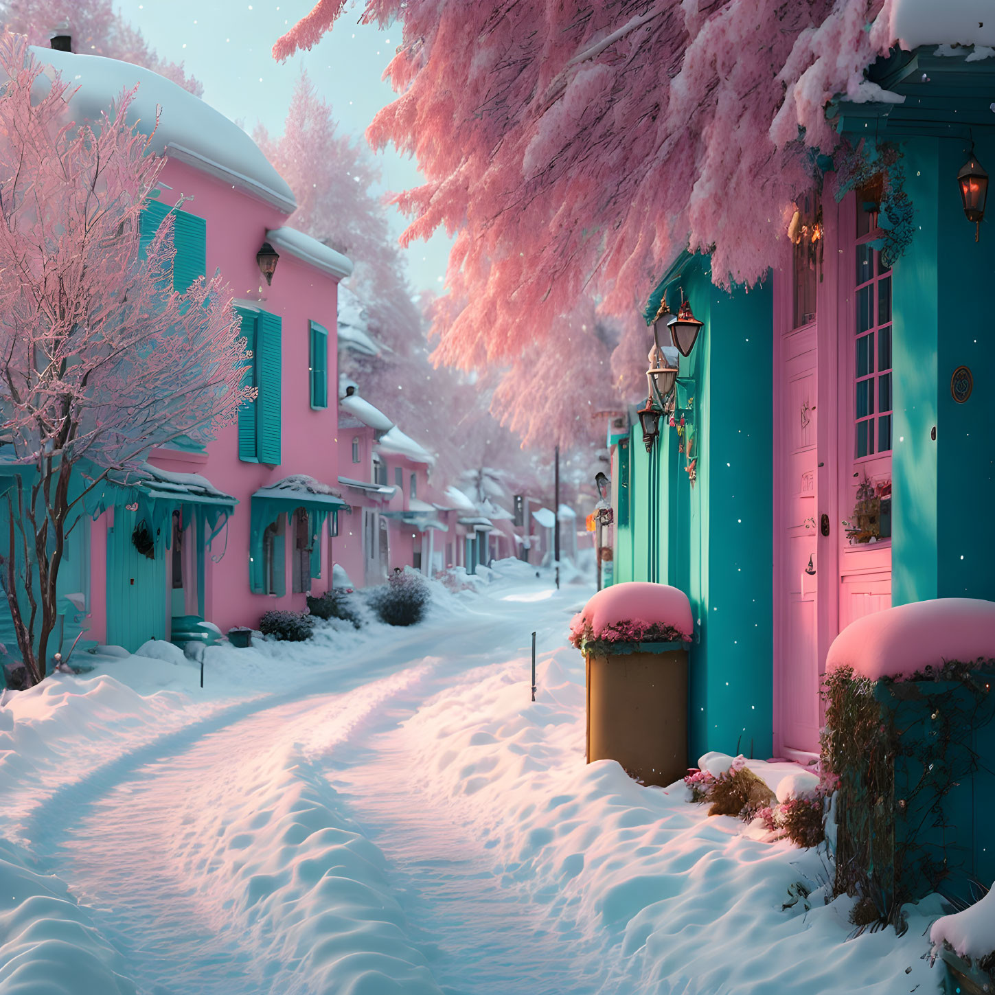 Snow-covered street with pastel-colored houses and pink trees.