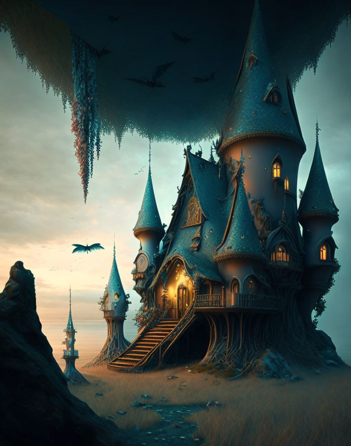 Fantastical castle with pointed towers on island at twilight surrounded by flying birds and inverted reflection.