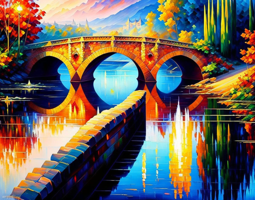 Vibrant autumn landscape with arched stone bridge and river