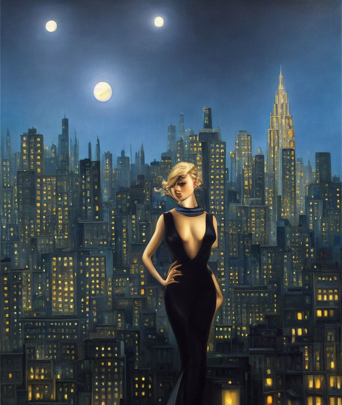 Stylish woman in black dress against twin-moonlit cityscape