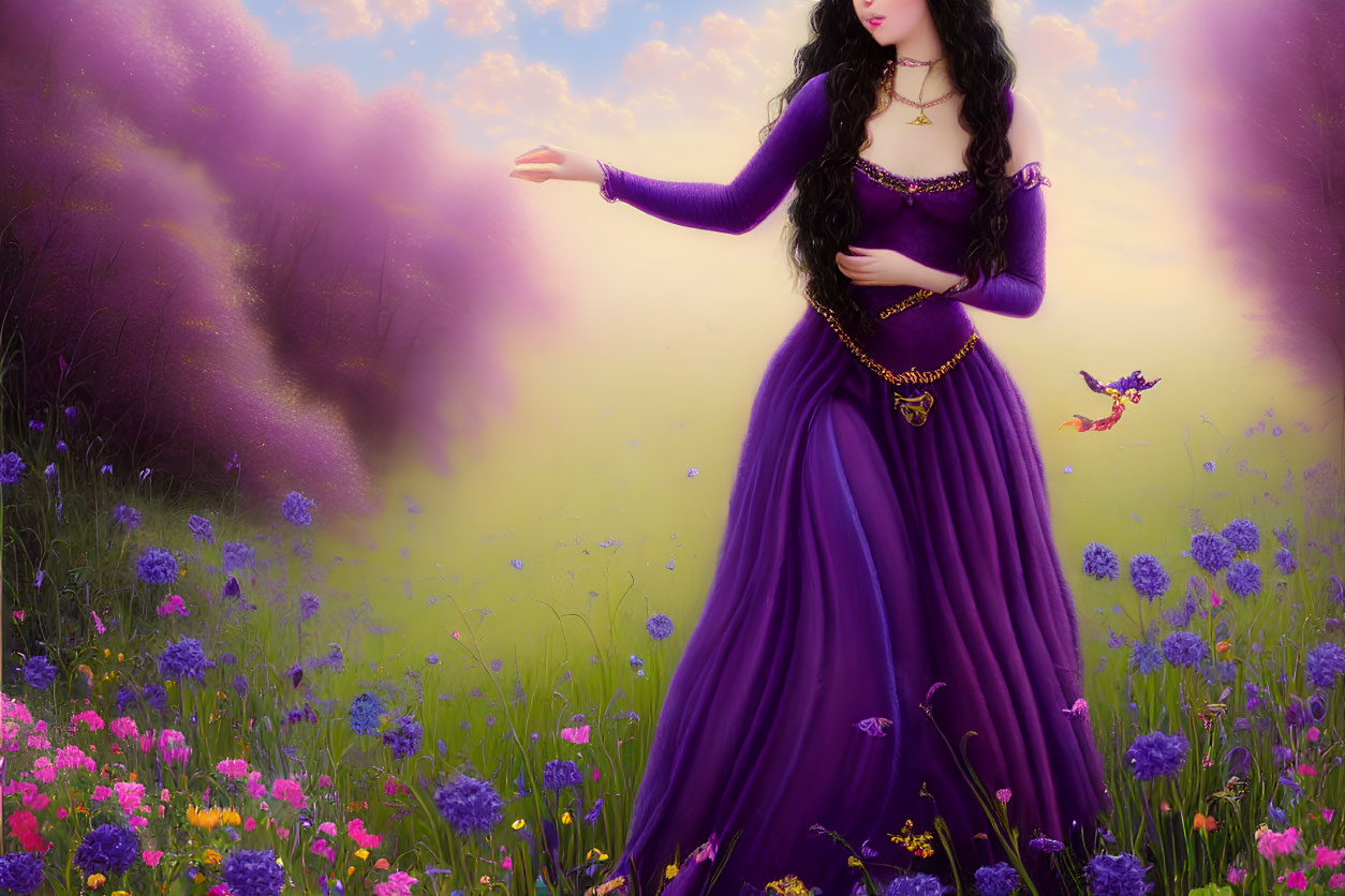 Illustration of woman in purple dress with bird in colorful meadow