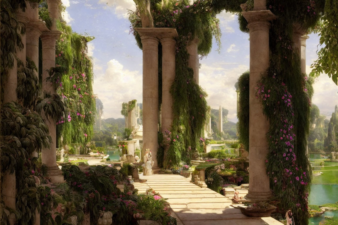 Tranquil garden with tall columns and purple flowers