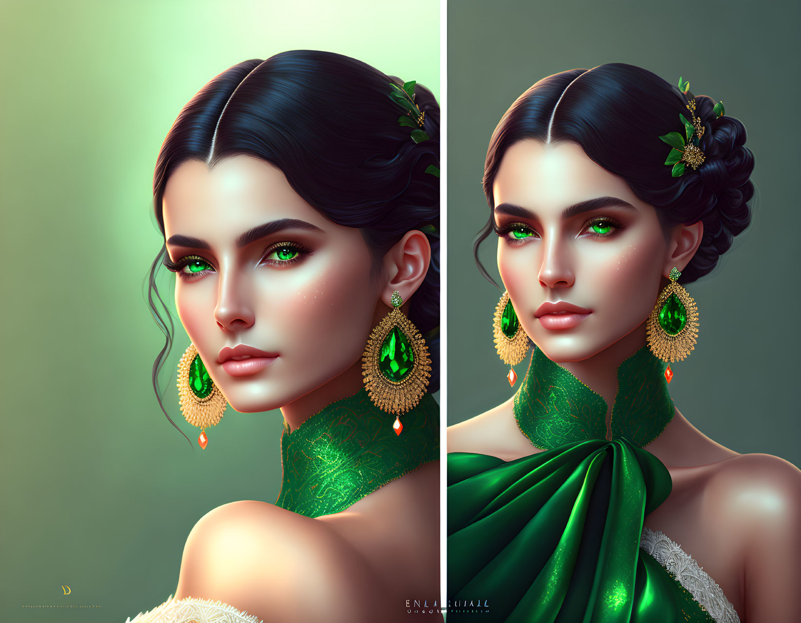 Digital art diptych of woman with emerald green eyes and elegant green attire