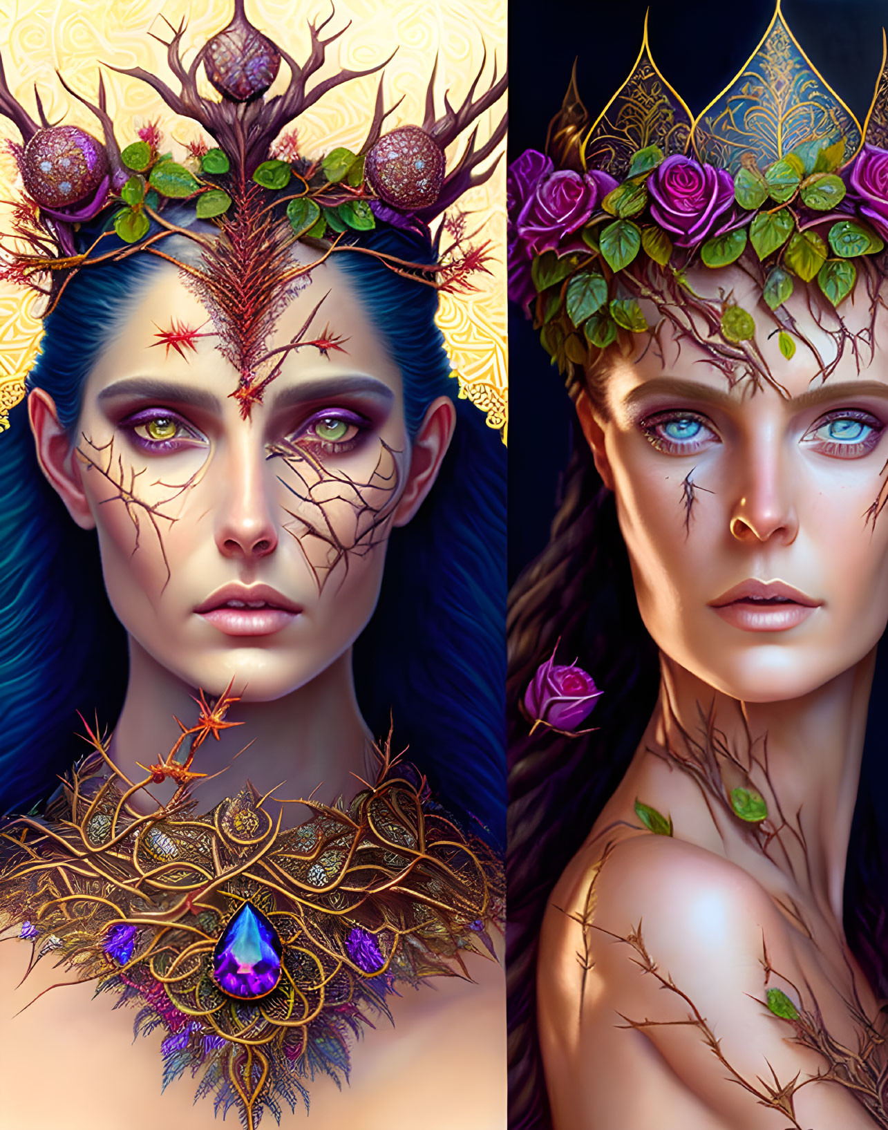 Artistic Woman Portraits with Fantasy Makeup and Ornate Crown