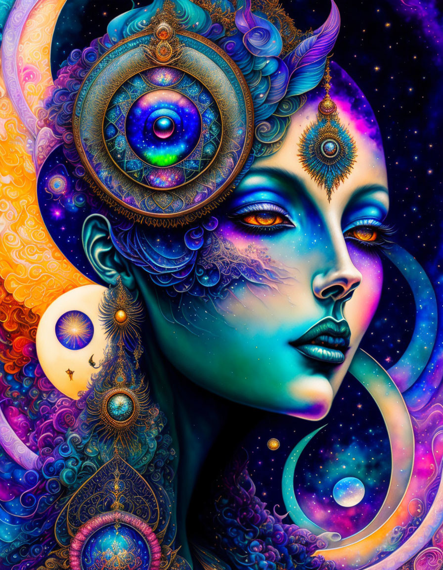 Vibrant artwork of a woman's face with cosmic elements and vibrant hues