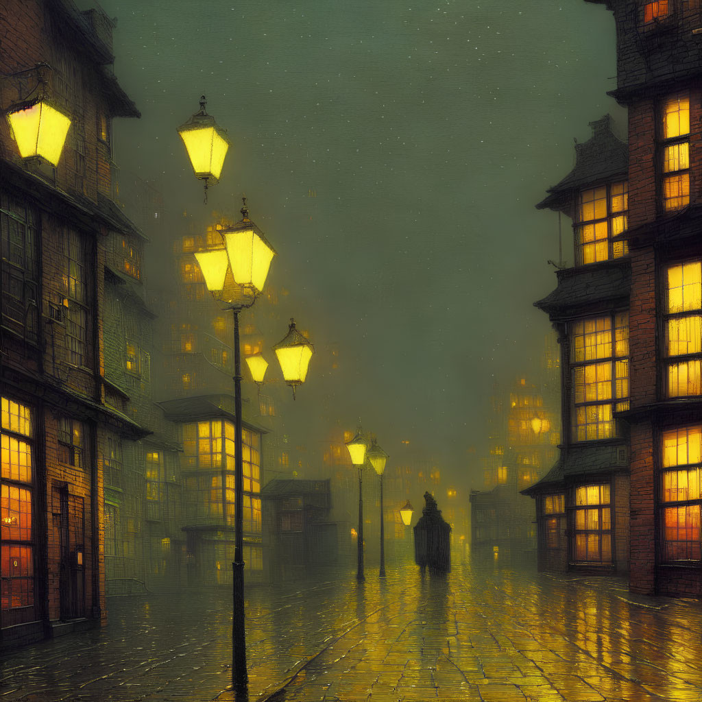 Foggy cobblestone street at night with glowing street lamps and old-fashioned buildings.