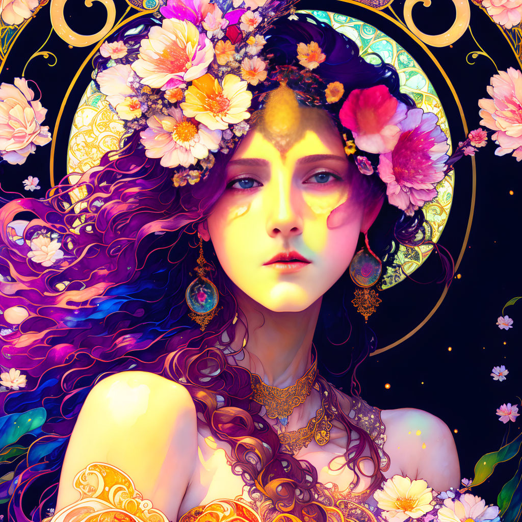 Colorful illustration of woman with purple hair and floral crown in cosmic setting