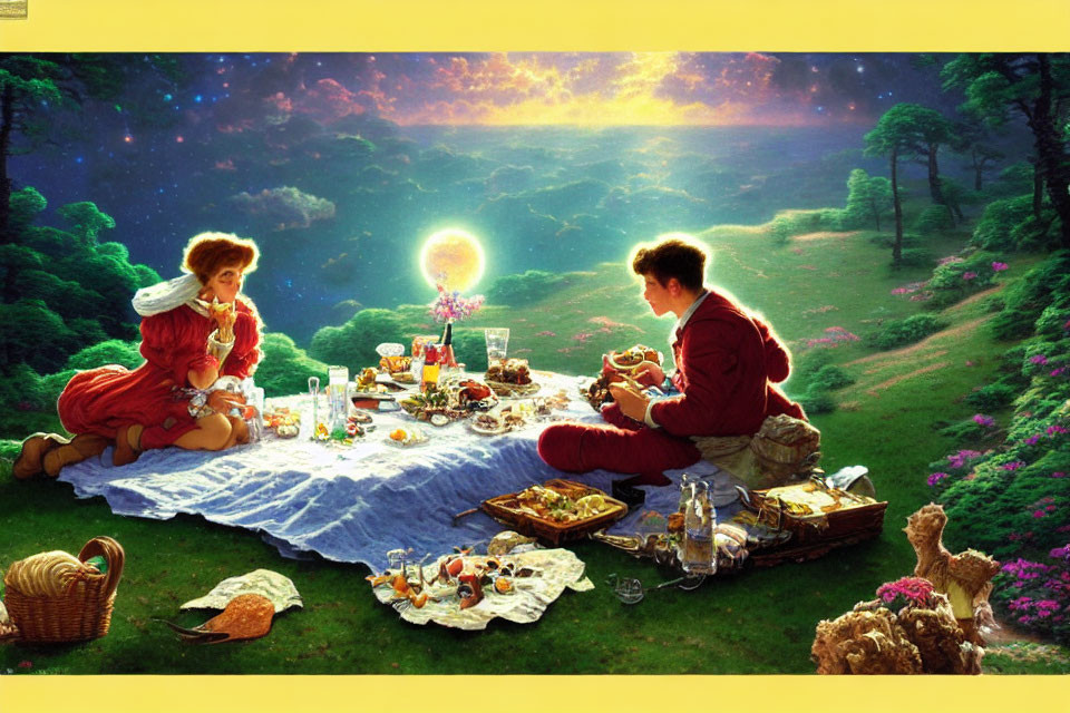 Whimsical artwork of couple on lavish picnic under cosmic sky