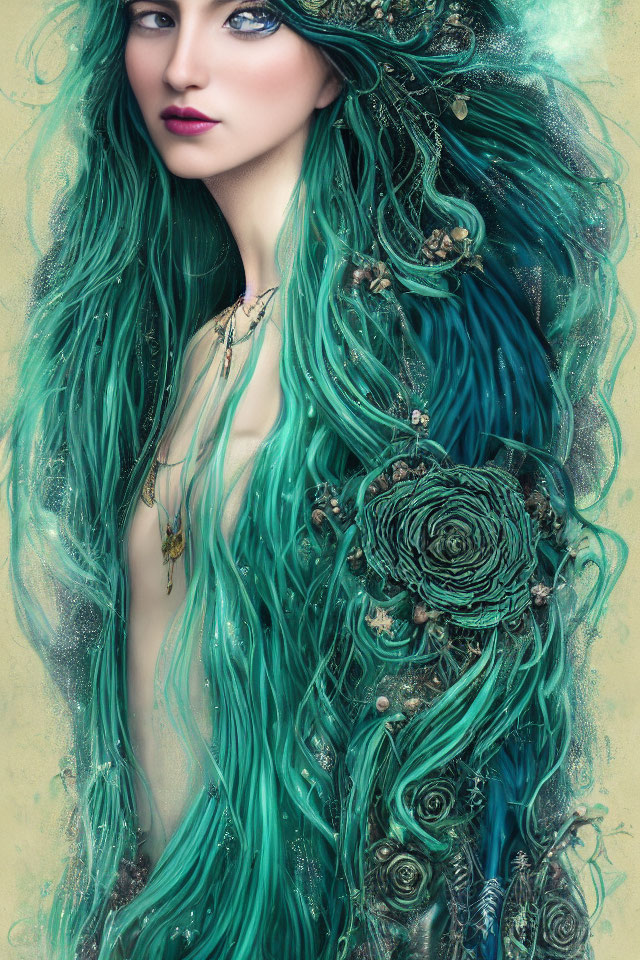 Ethereal figure with aqua wavy hair, blue lipstick, and floral hat