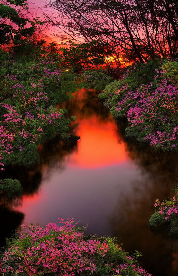 Tranquil stream reflecting vibrant pink and orange sunset