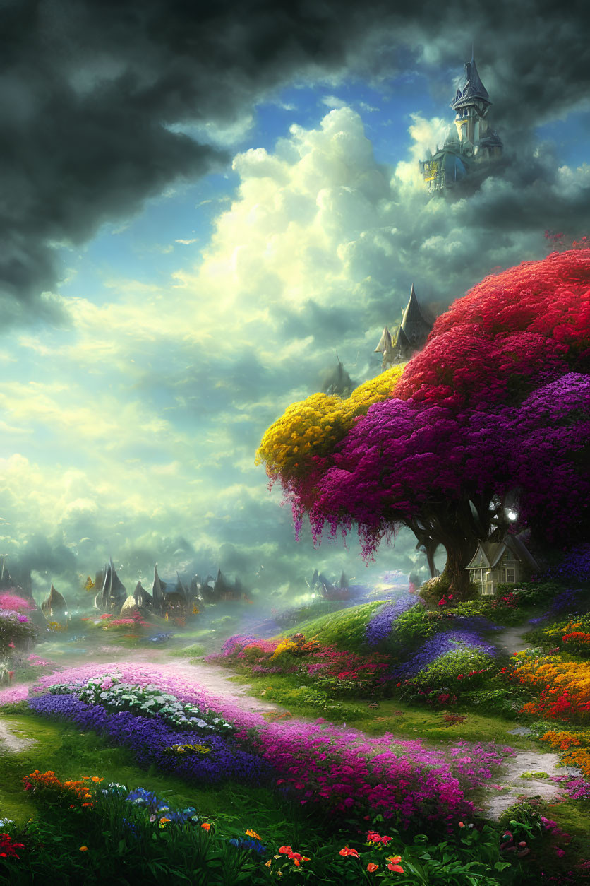 Fantasy landscape with colossal tree, castle, colorful flora, and dramatic sky