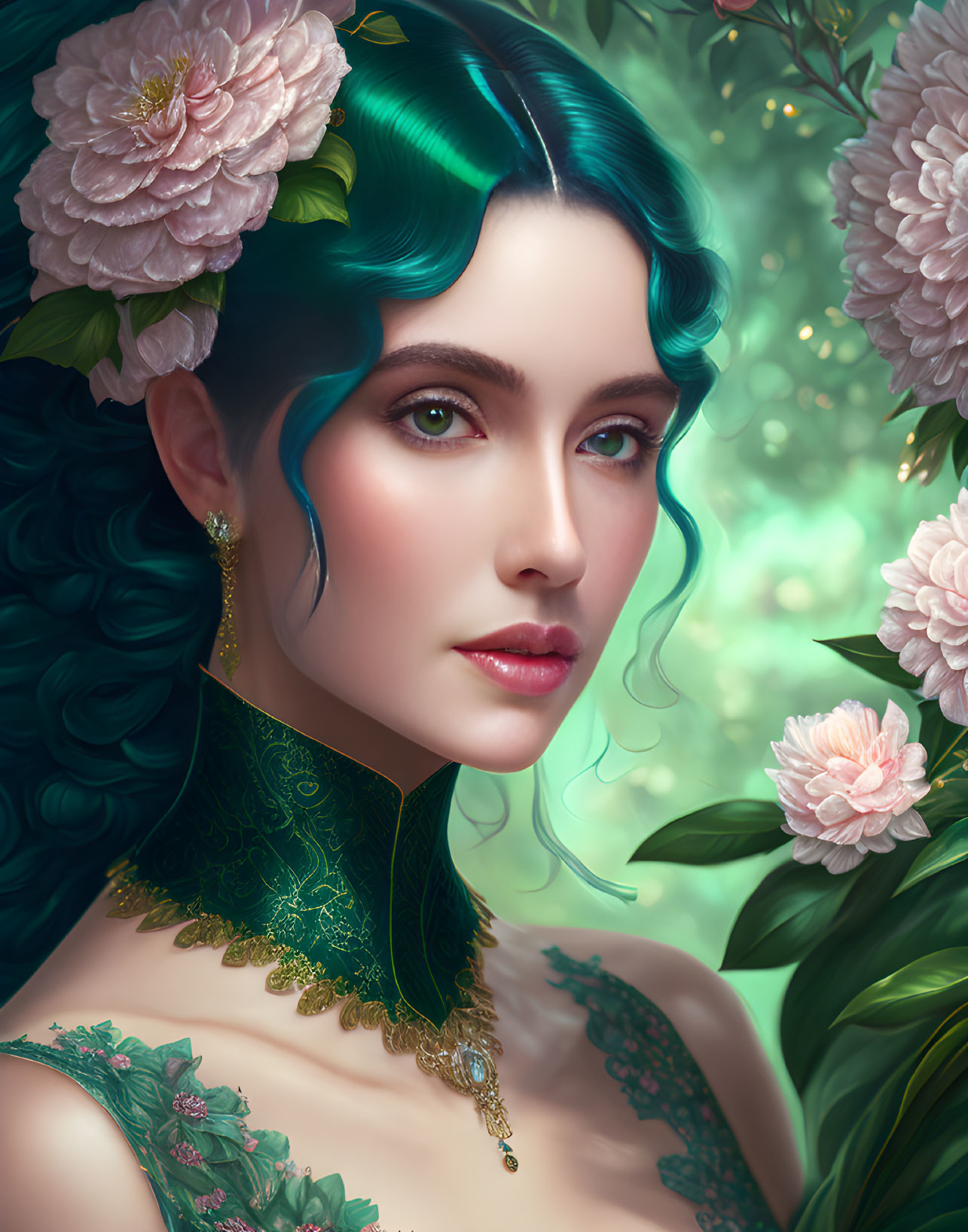 Portrait of woman with emerald green hair and pink flowers, gold jewelry, floral background