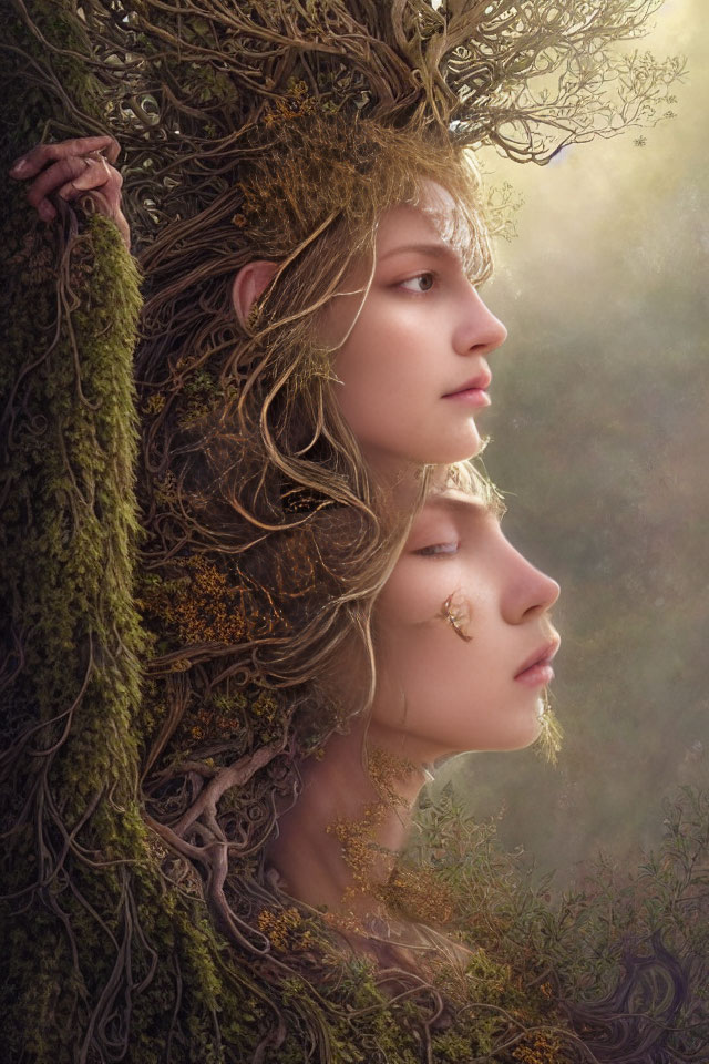 Ethereal women's faces intertwined with tree roots and moss in misty forest scene