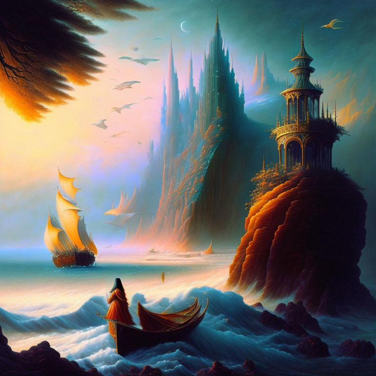 Majestic twilight seascape with castle, boat, and sailing ship