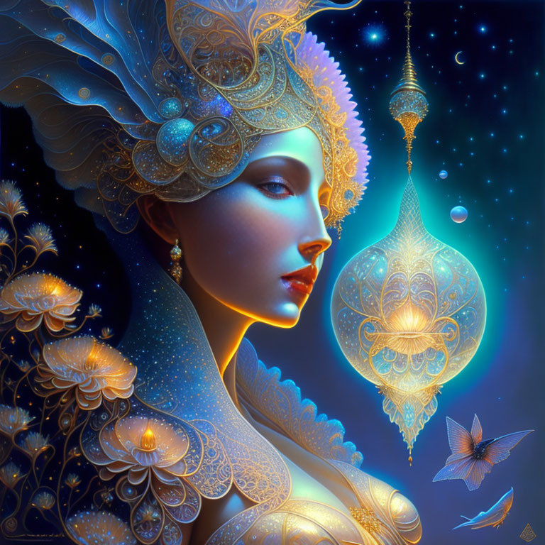 Ethereal woman with decorative headgear and lantern in starry setting