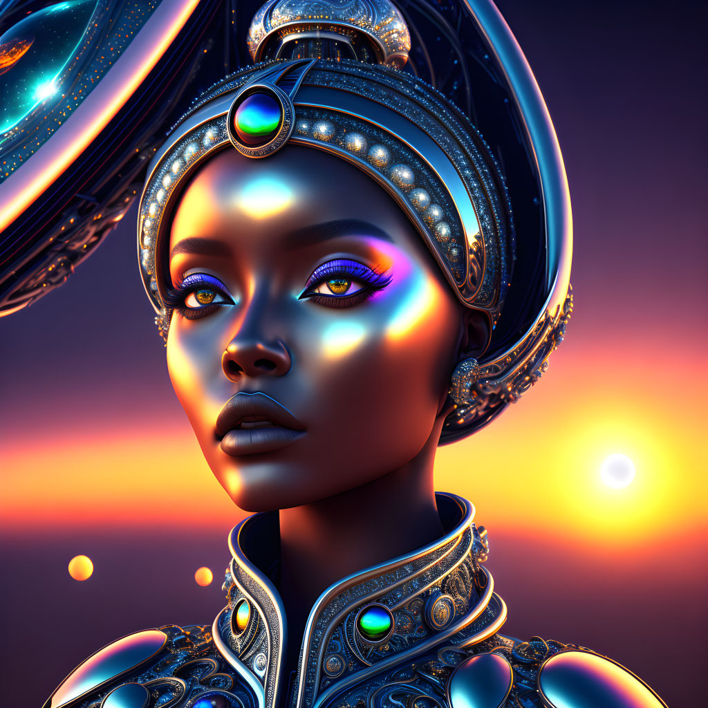 Digital artwork of a woman in ornate headdress and armor against sunset backdrop