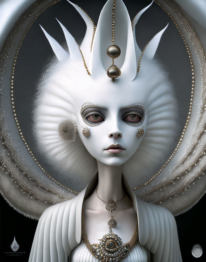 Pale ethereal figure with white headgear and multiple eyes in surreal digital art