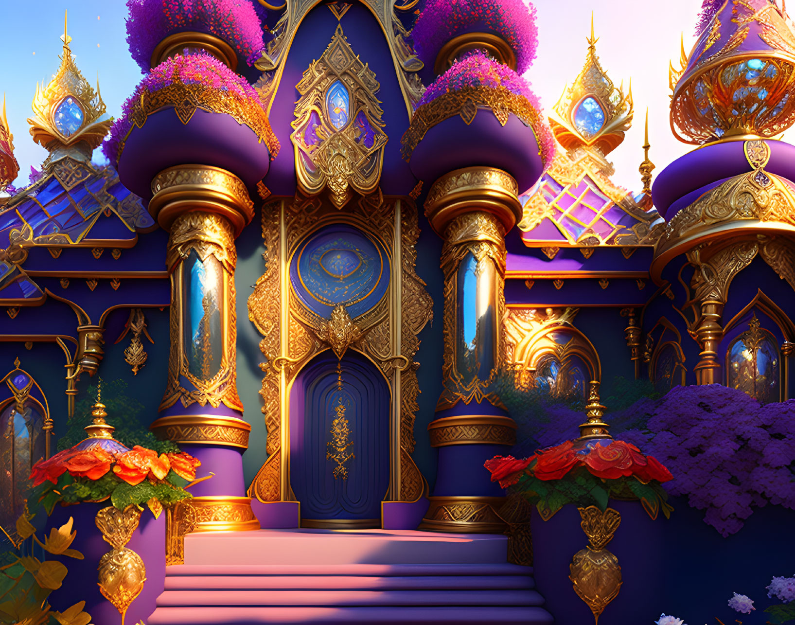 Fantasy palace with purple and gold hues and floral accents