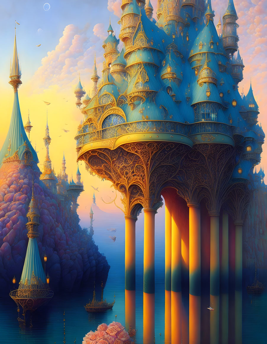 Fantastical castle with ornate spires above dreamlike landscape