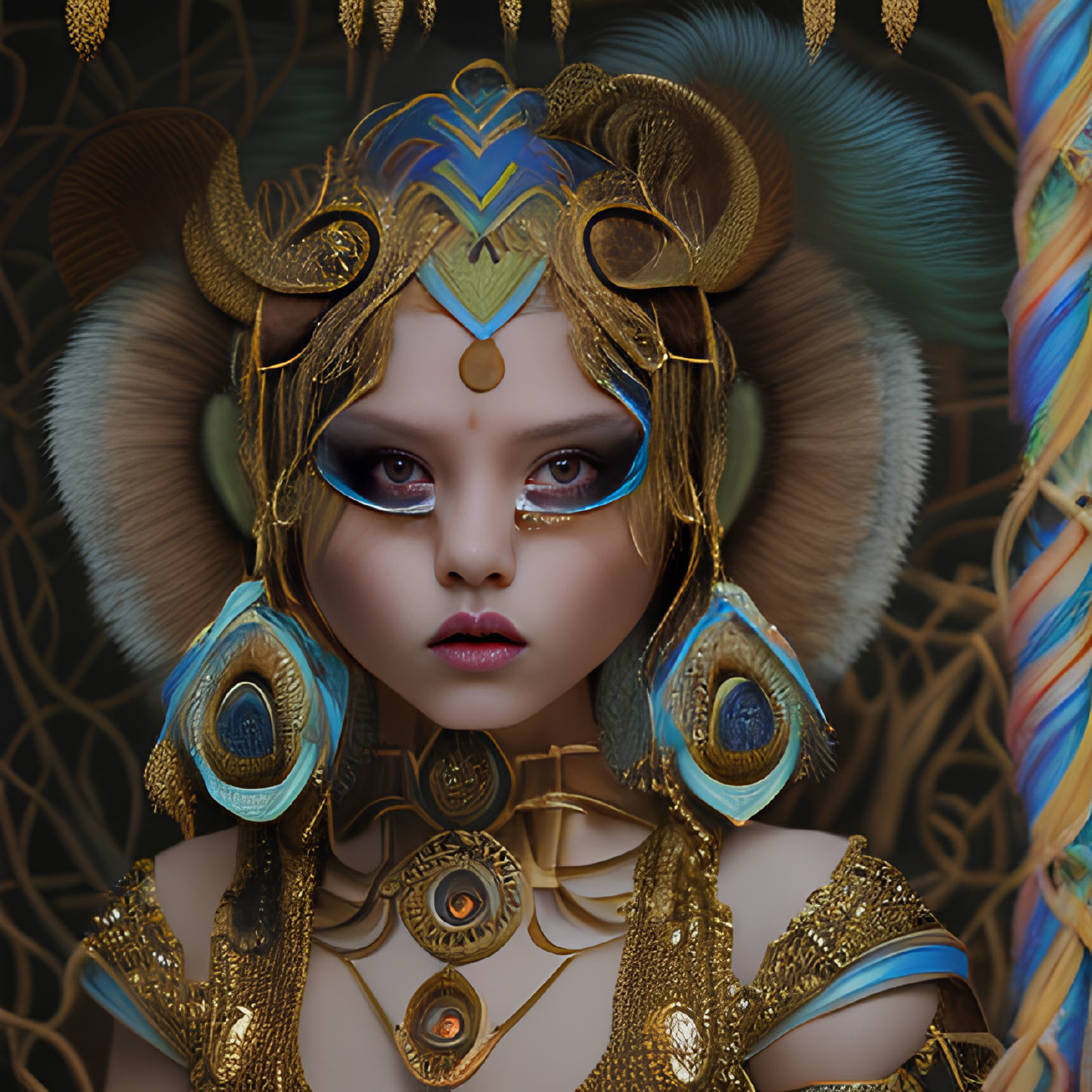 Elaborate gold and blue headdress on female figure in digital artwork