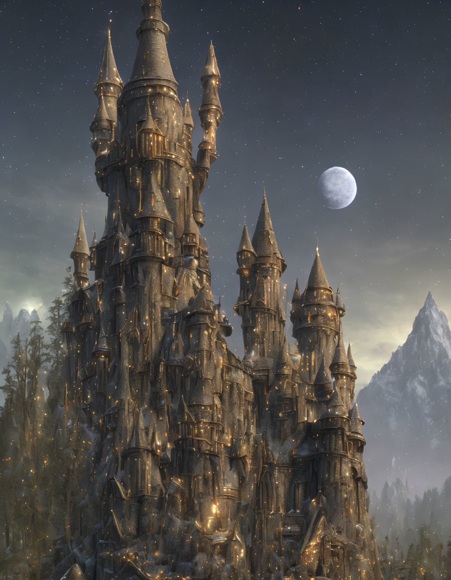 Fantasy castle with spires, golden lights, full moon, forest, and mountains