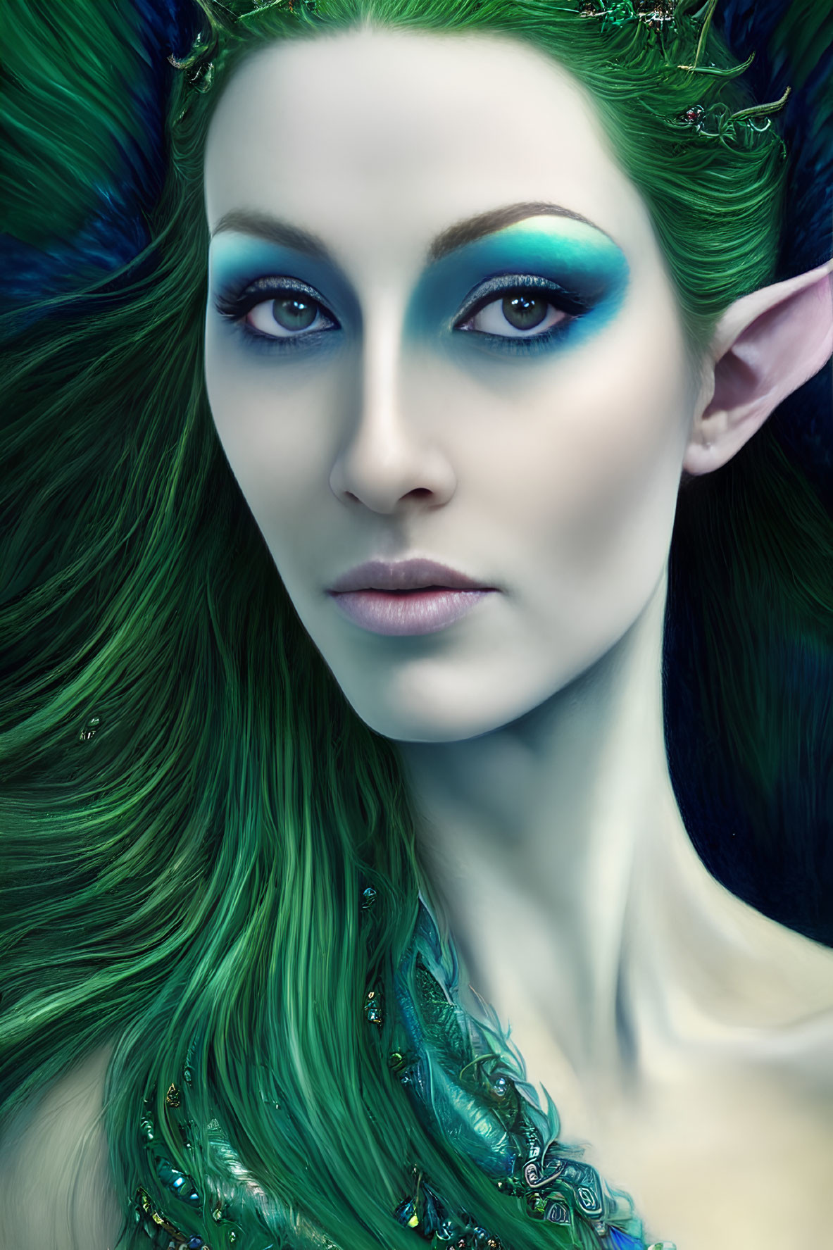 Fantasy Elf Character with Blue Eyes and Green Hair