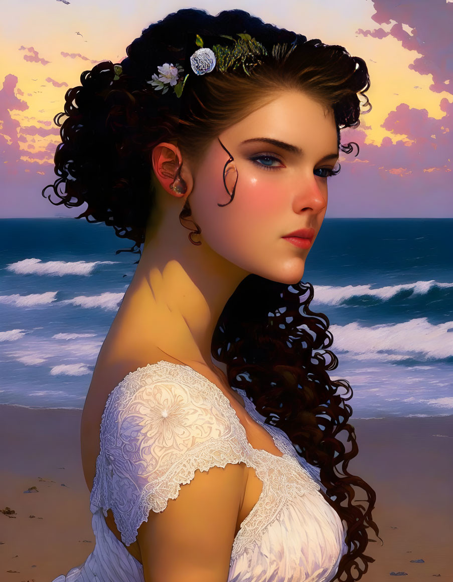 Woman with Curly Hair and Floral Adornments at Sunset Beach