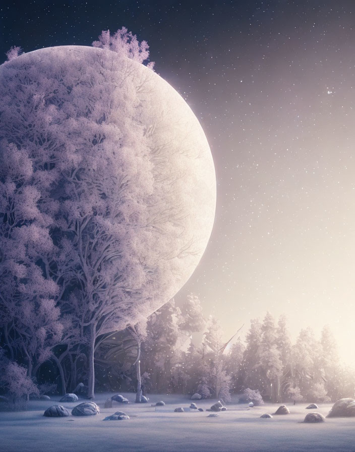 Snow-covered trees under full moon in serene winter night