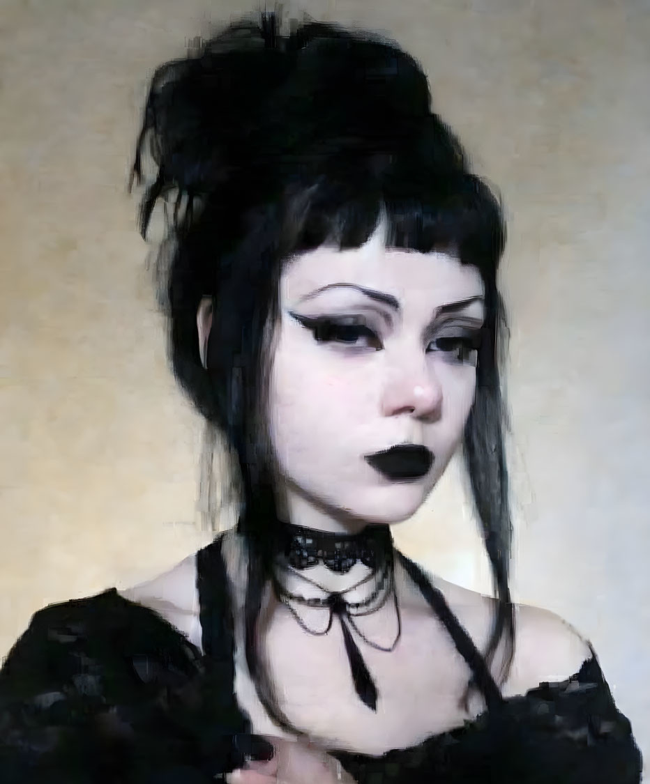 Striking Gothic Look with High Black Hair Bun & Bold Makeup