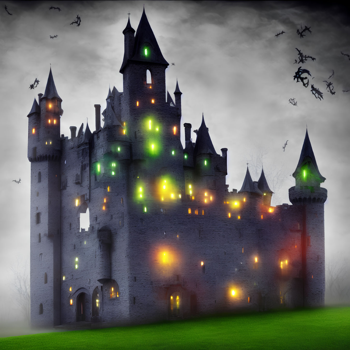 Spooky castle night scene with flying witches and colorful lights