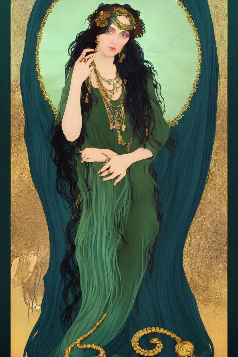 Stylized portrait of woman in green dress with gold details in Art Nouveau style