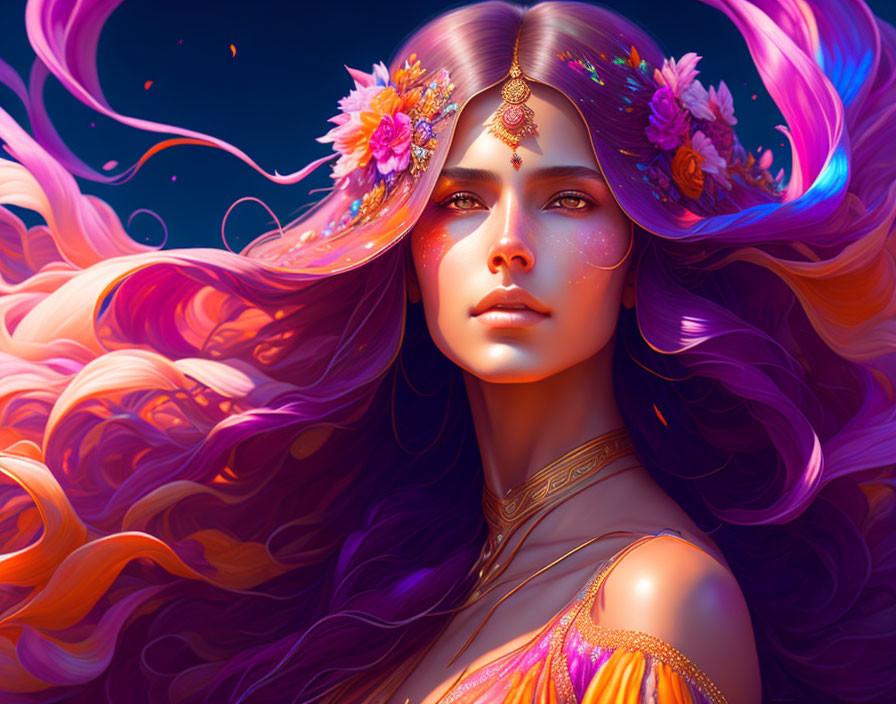 Colorful illustration of woman with purple hair and flowers against vibrant backdrop