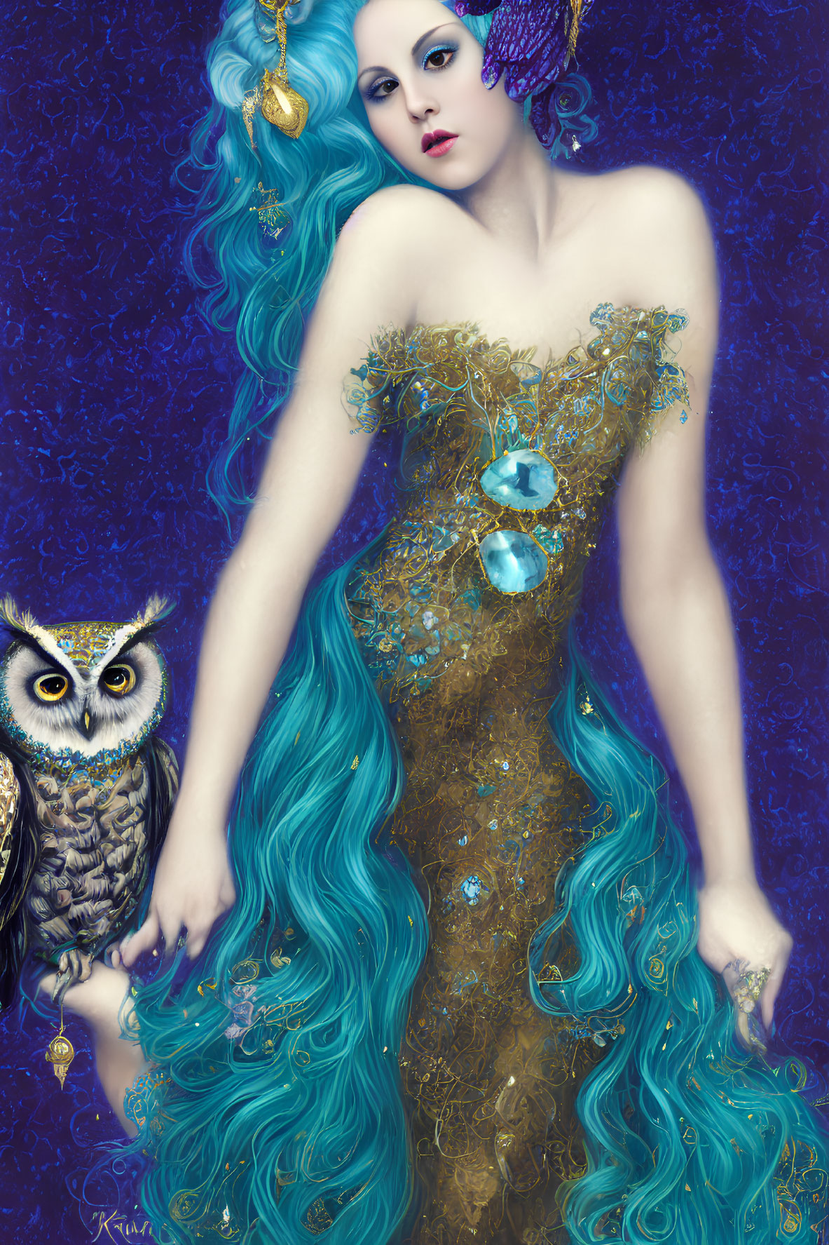 Fantastical illustration of a woman in gold attire with teal hair and stylized owl on blue background