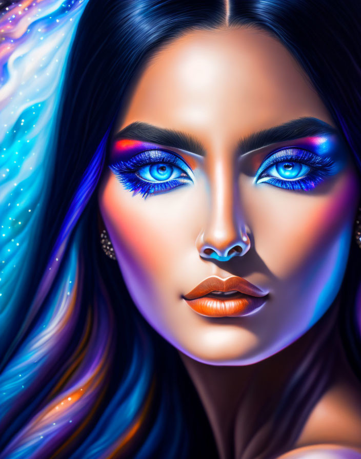 Colorful digital portrait of a woman with blue eyes and cosmic hair.