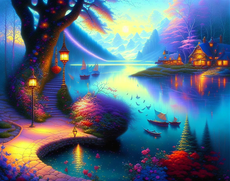 Vibrant evening scene with illuminated cottages, sailboats, and magical flora