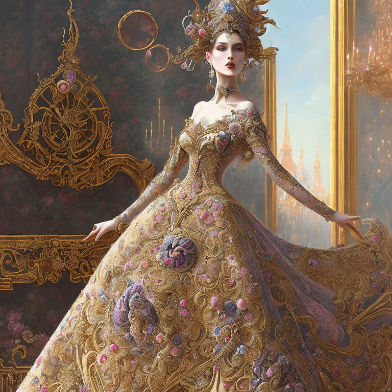 Luxurious golden gown with pink floral accents in grand opulent room