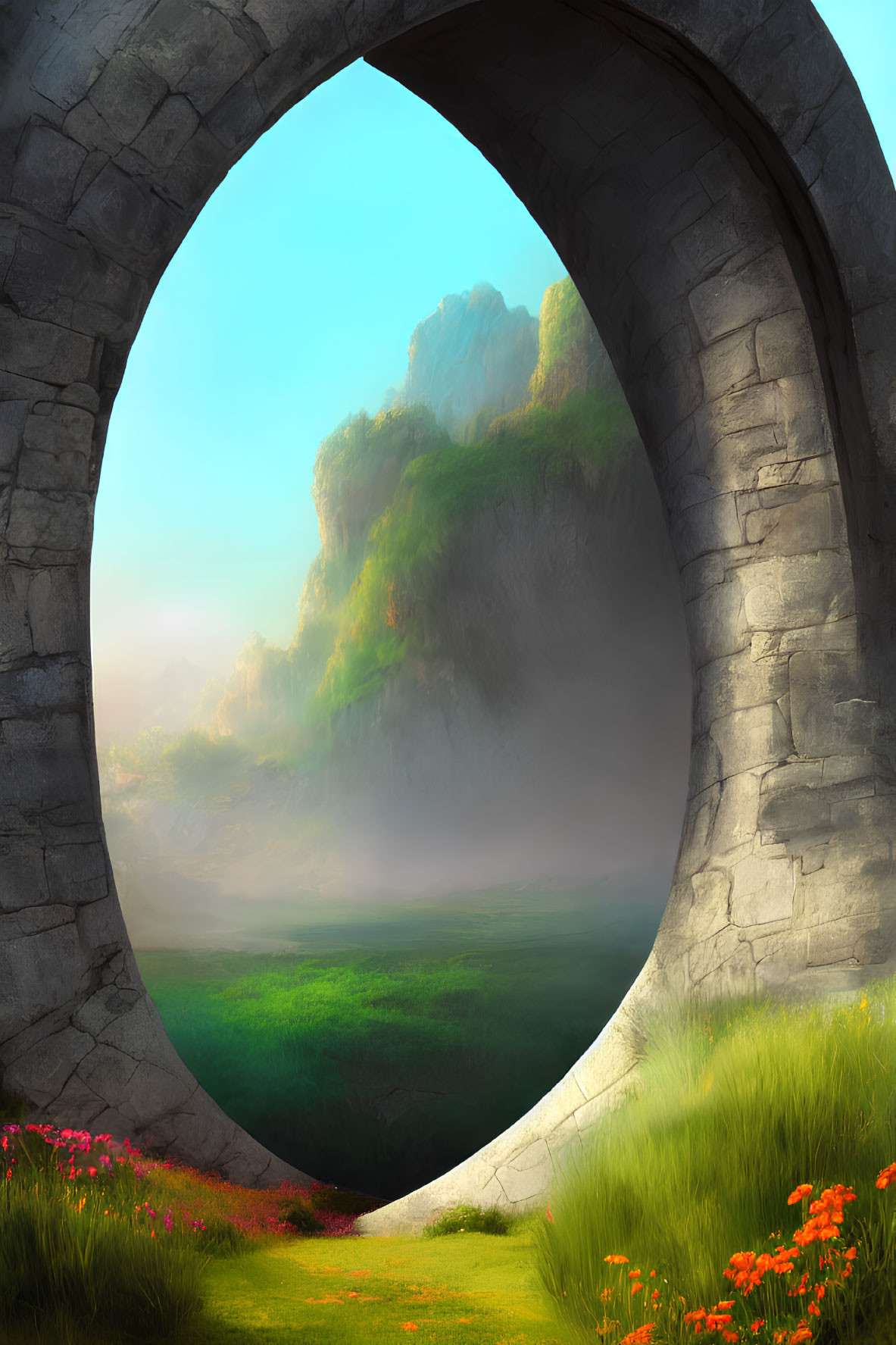 Landscape with Archway, Greenery, Fog, Flowers, and Cliffs