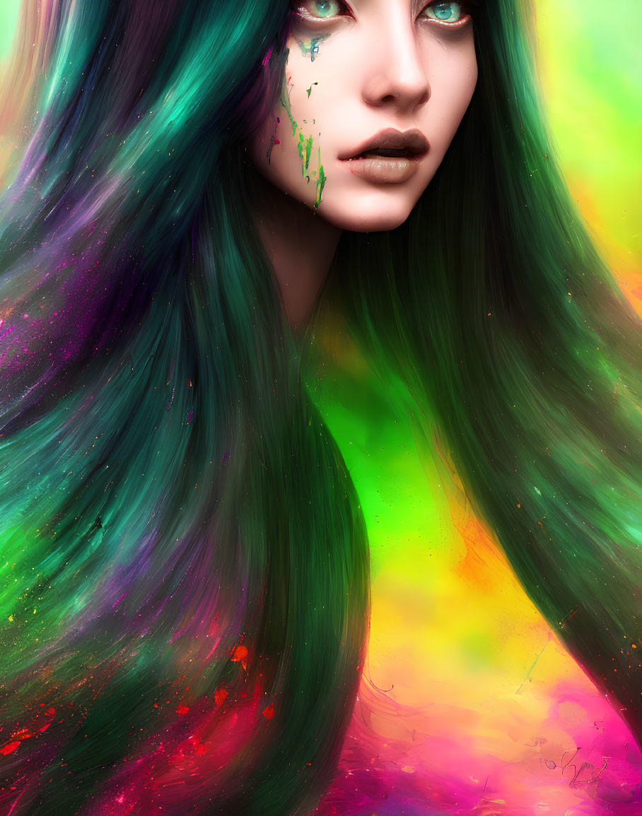 Vivid multicolored hair woman in vibrant background with blue eyes