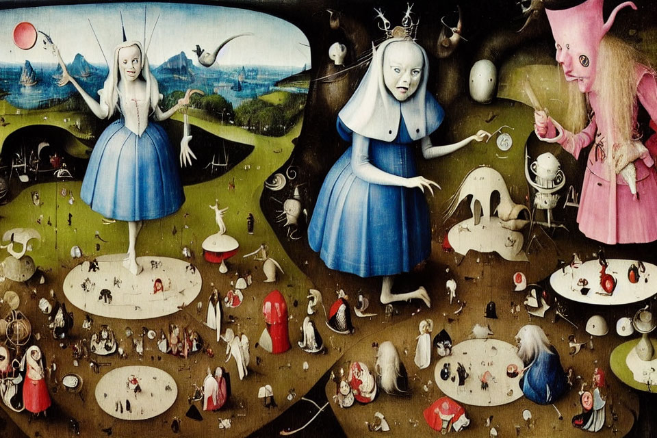 Surreal Alice in Wonderland-themed artwork with whimsical landscapes