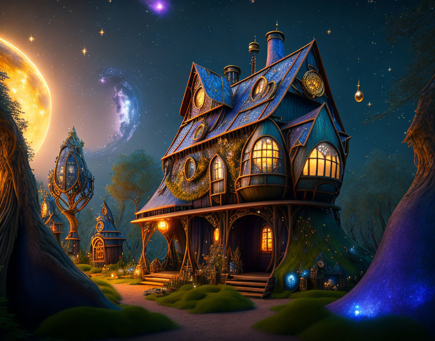 Whimsical house with clock designs in enchanting night scene