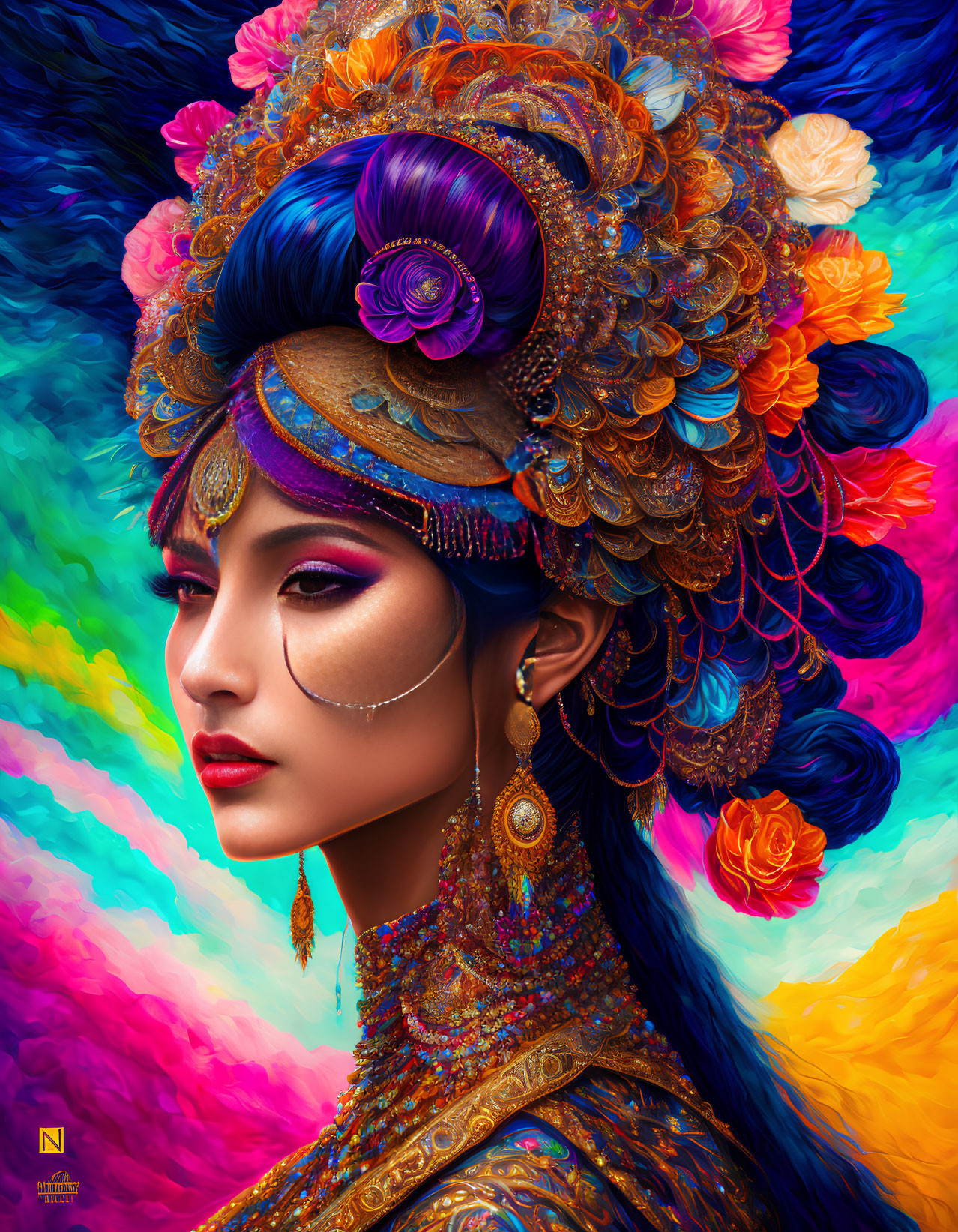 Colorful portrait of a woman with elaborate headdress and abstract background