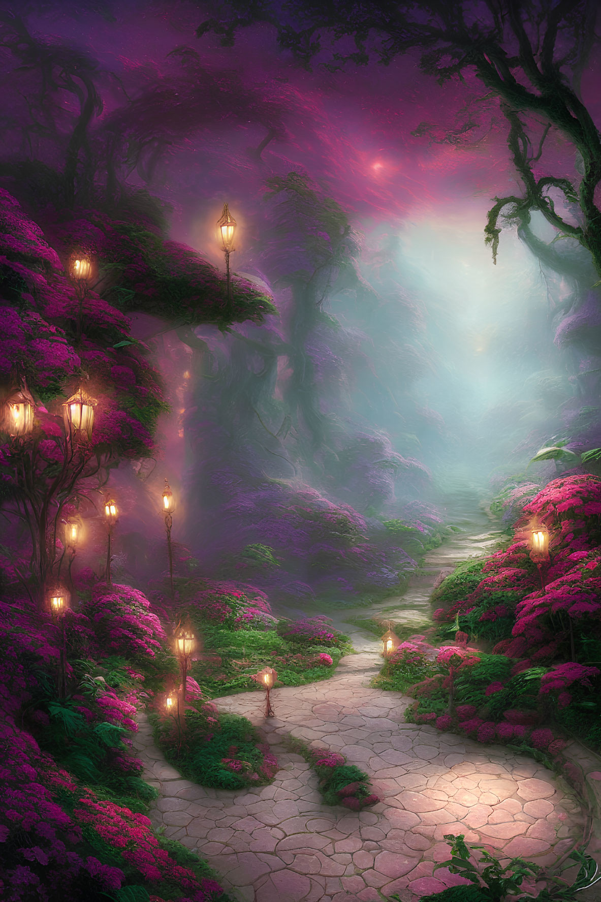 Enchanting cobblestone pathway with lanterns, pink bushes, and ancient trees under twilight sky