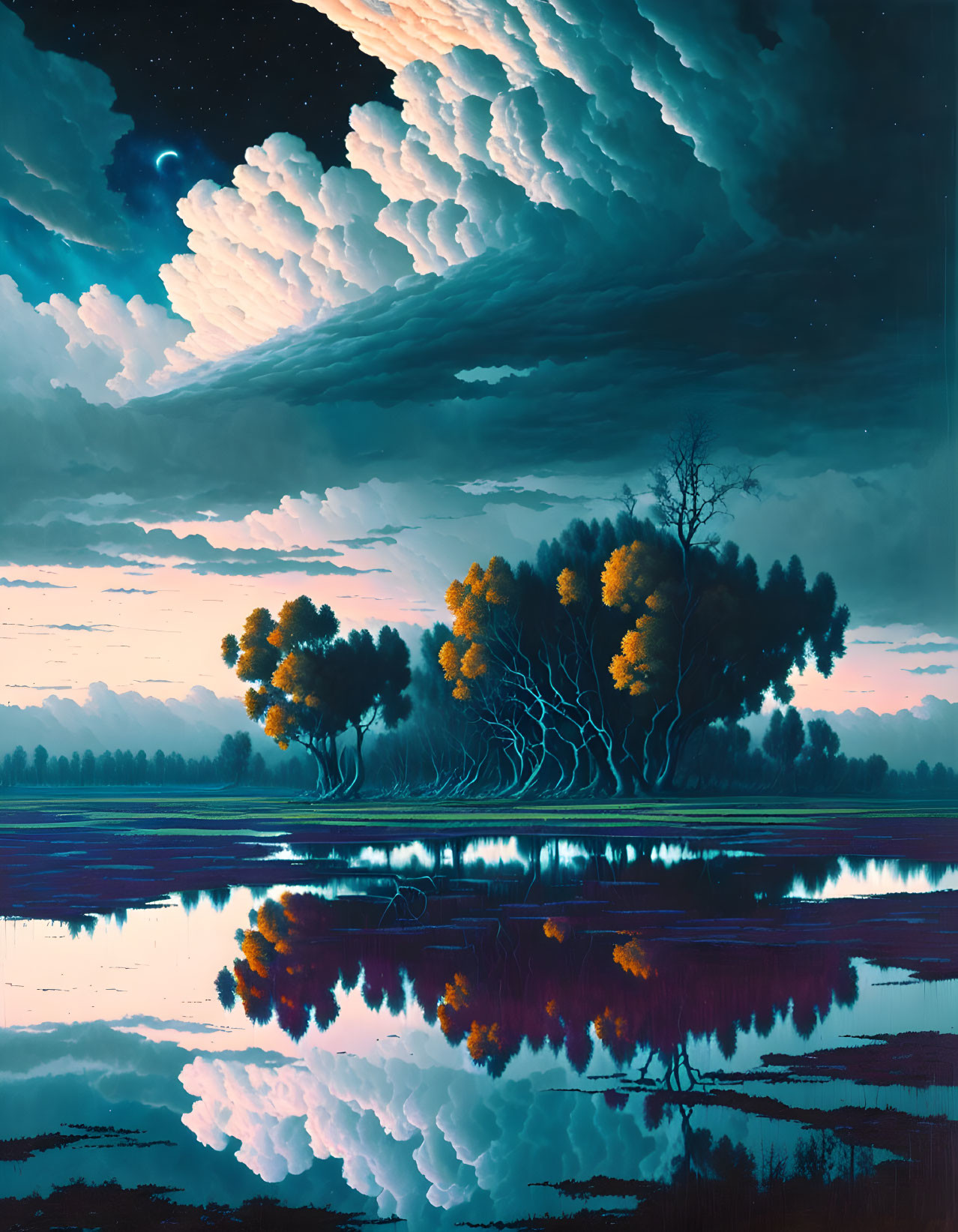 Tranquil night-time landscape with tree reflections on lake under starry sky