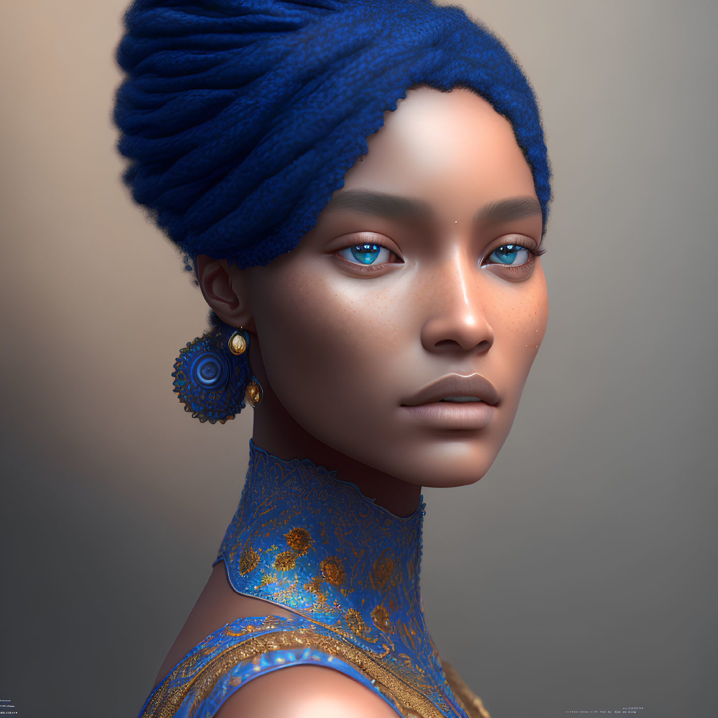 Detailed digital portrait of a woman with blue headwrap and intricate earrings