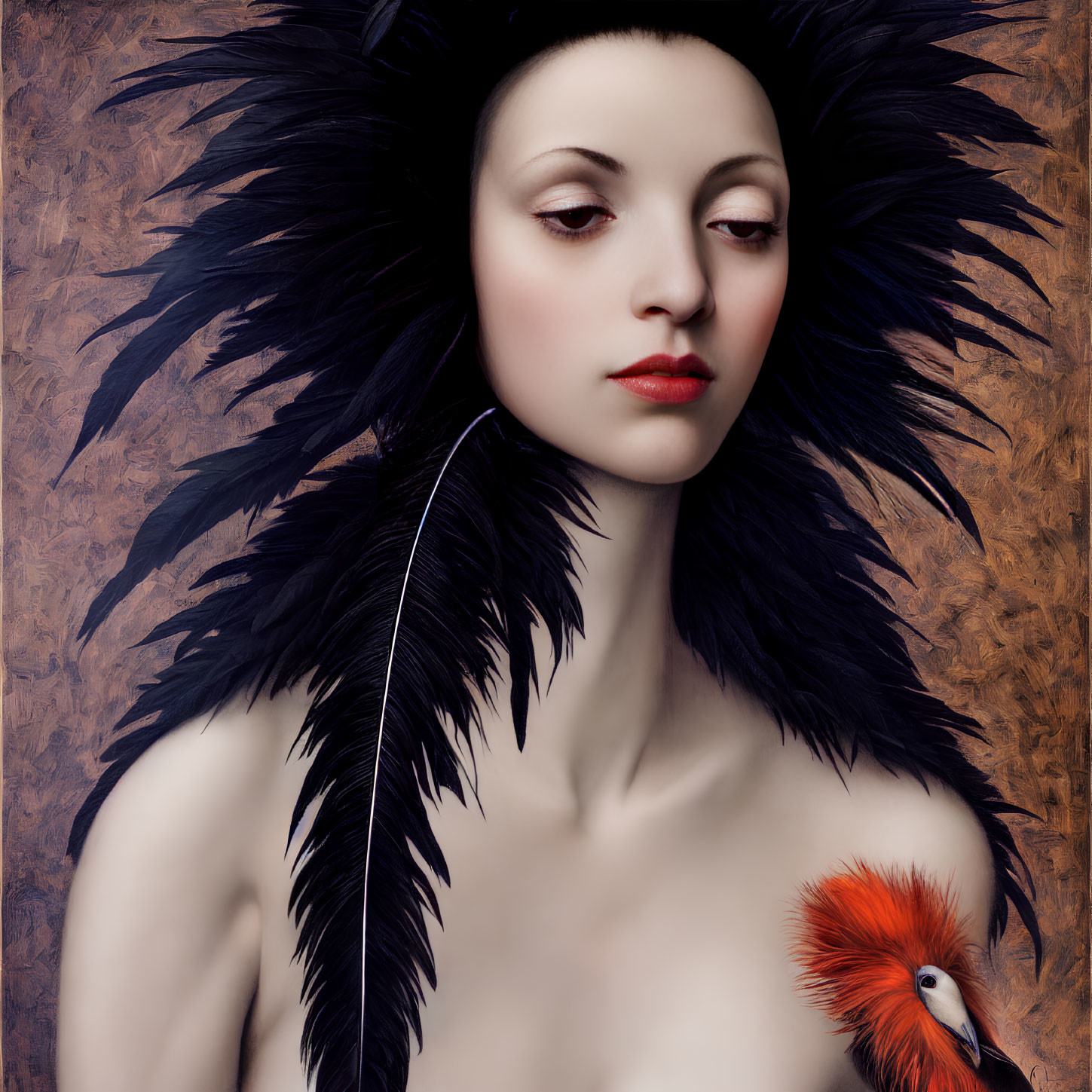 Pale-skinned person with red lips and dark feathered headwear alongside small bird with orange plumage