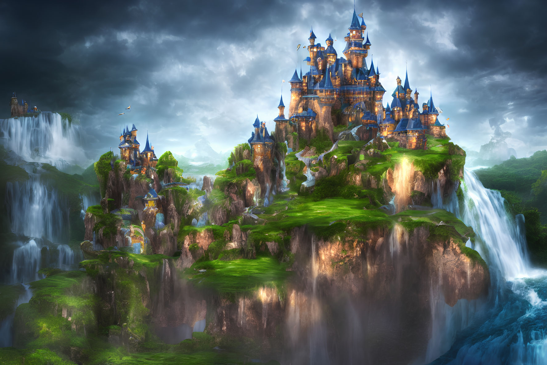 Majestic fairy tale castle on lush cliff with waterfalls under dramatic sky