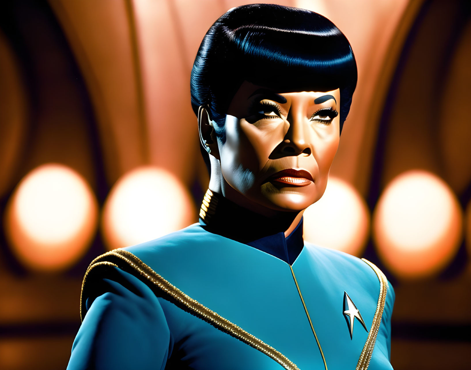 Woman in Blue Starfleet Uniform with Confident Expression and Glowing Orbs Background