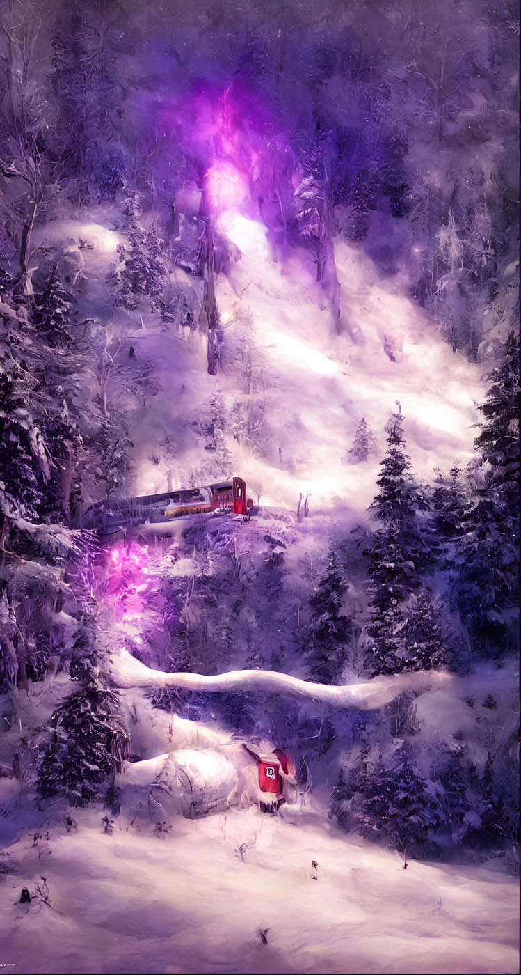 Snowy Landscape with Purple Aurora, Red Train, and Cabin